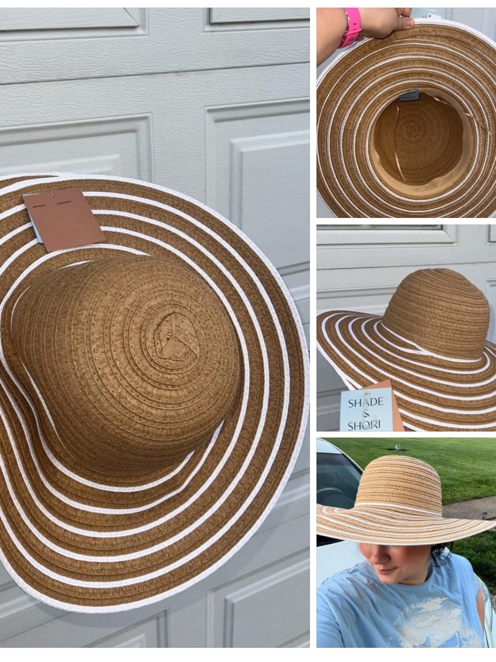 Shade & Shore Tan Straw Sun Hat with White Striped Trim